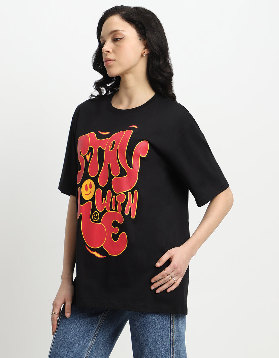 Stay With Me Black Oversized Typographic T-Shirt
