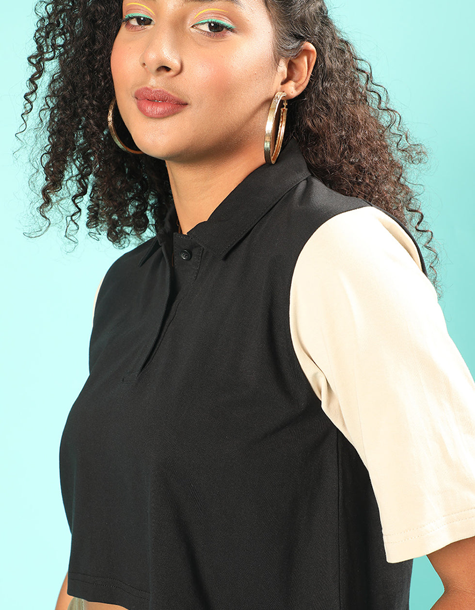 Black & White Plain Crop-Top