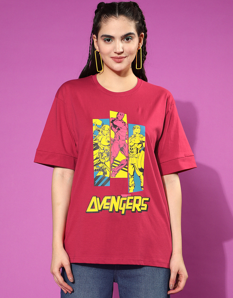 Avengers Magenta Oversized Fit Graphic T-Shirt