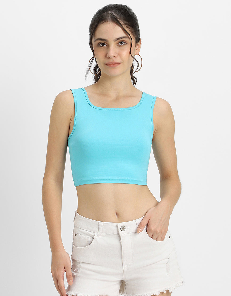 Blue Radiance Plain Square Neck Cropped Tank Top
