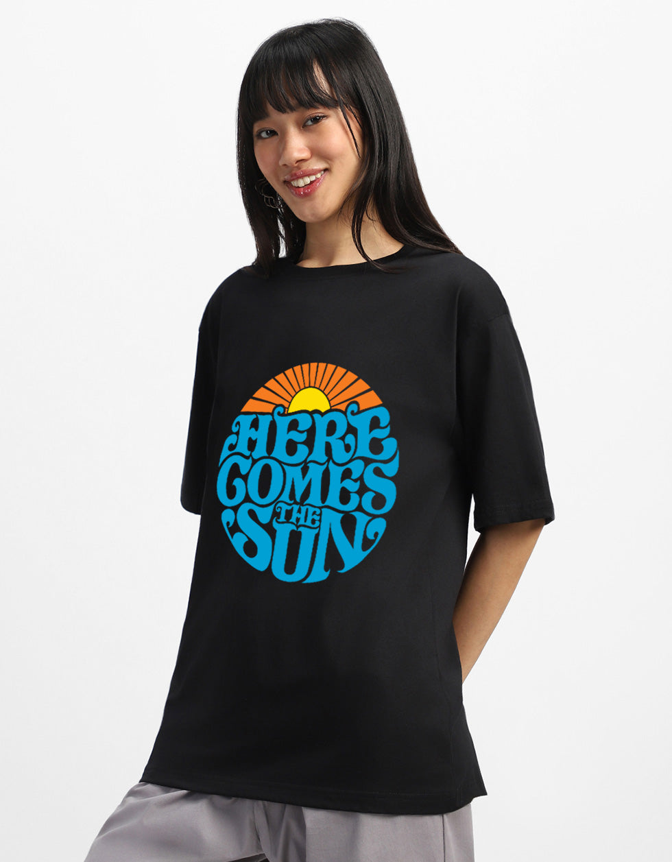 Here Comes The Sun Typographic Printed Oversized Fit Black T-Shirt