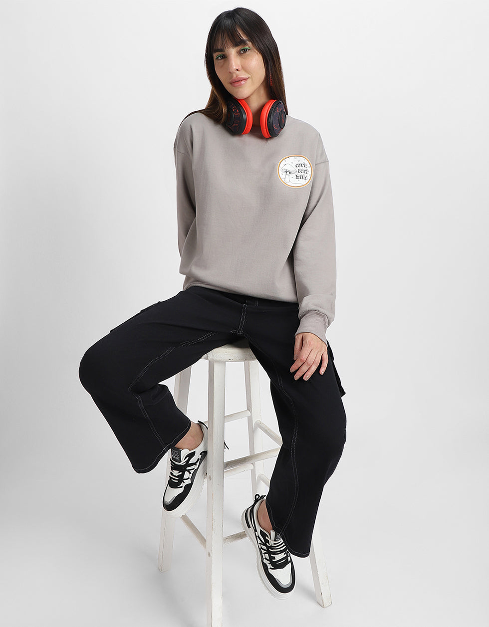 Open Your Mind Graphic Printed Oversized Grey Sweatshirt