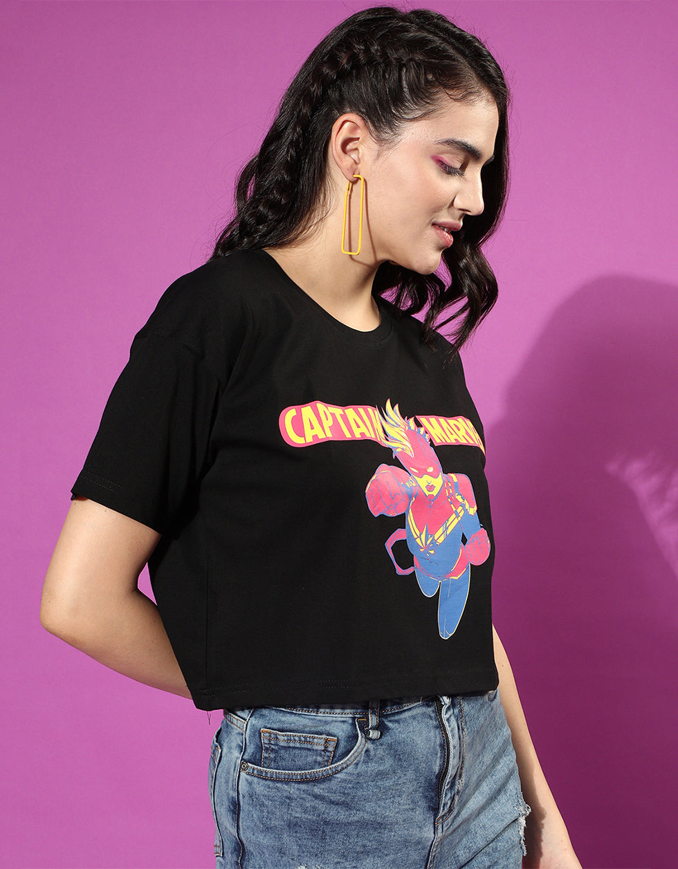 Captain Marvel Black Graphic Print  Crop Top