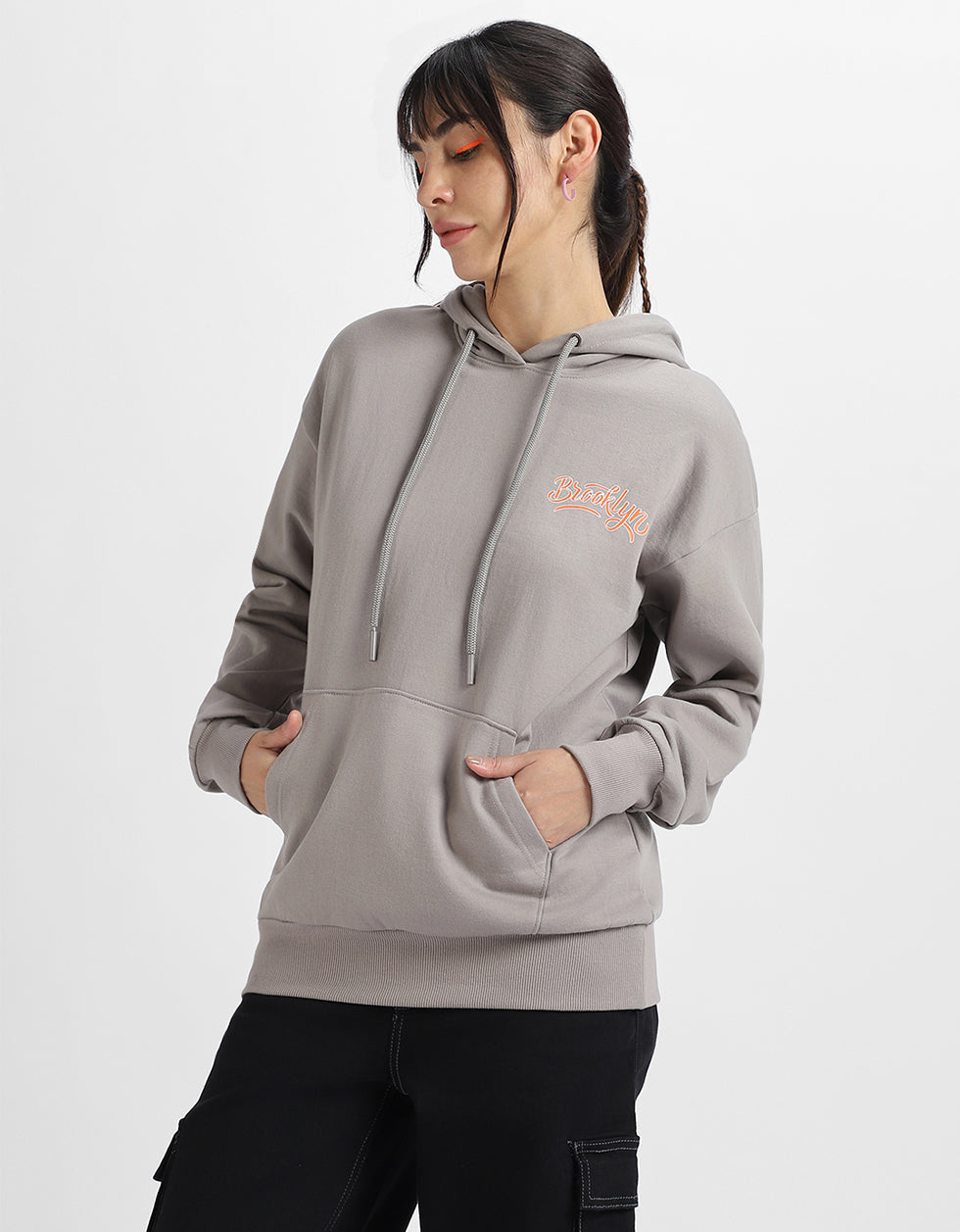 Brooklyn Typographic Printed Grey Oversized Hoodie