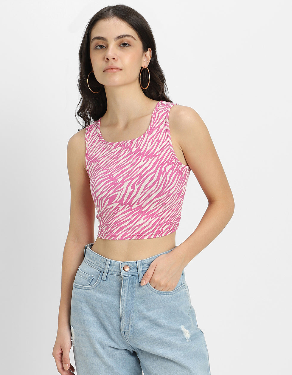 Pink Printed Square Neck Cropped Tank Top