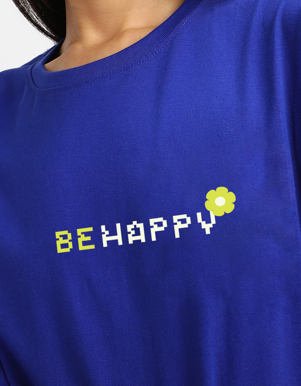 Be Happy Royal Blue Oversized Fit Graphic T-Shirt