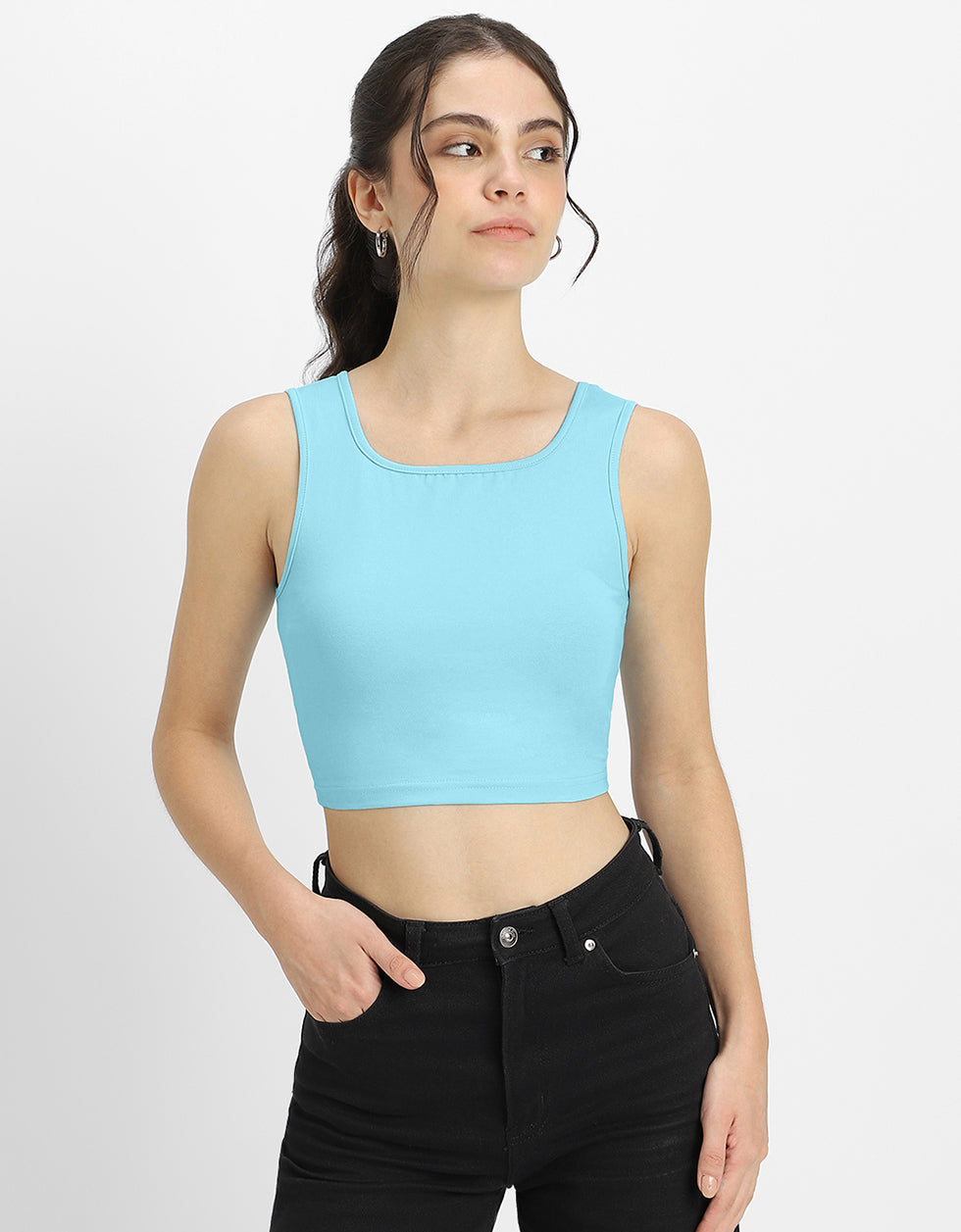 Ice Blue Plain Square Neck Cropped Tank Top
