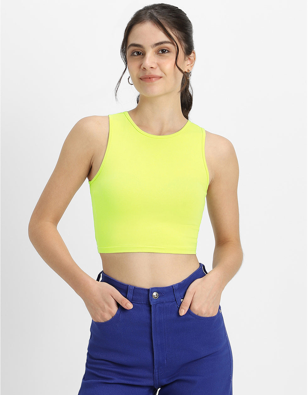 Lime Green Plain Round Neck Cropped Tank Top