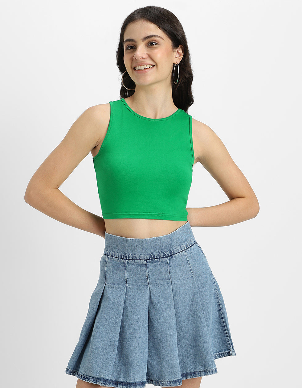 Green Plain Round Neck Cropped Tank Top