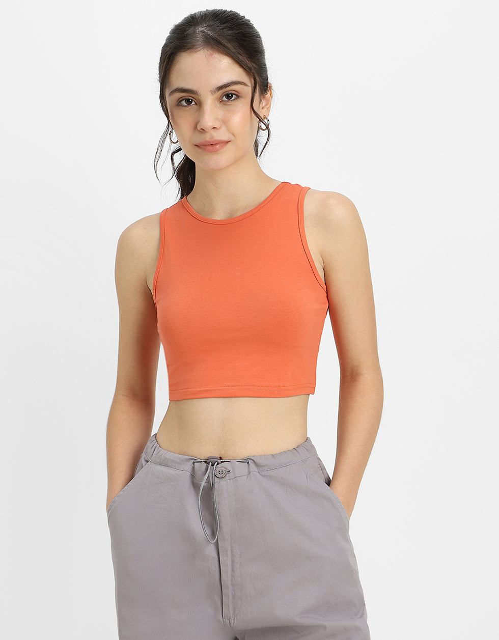 Orange Plain Round Neck Cropped Tank Top