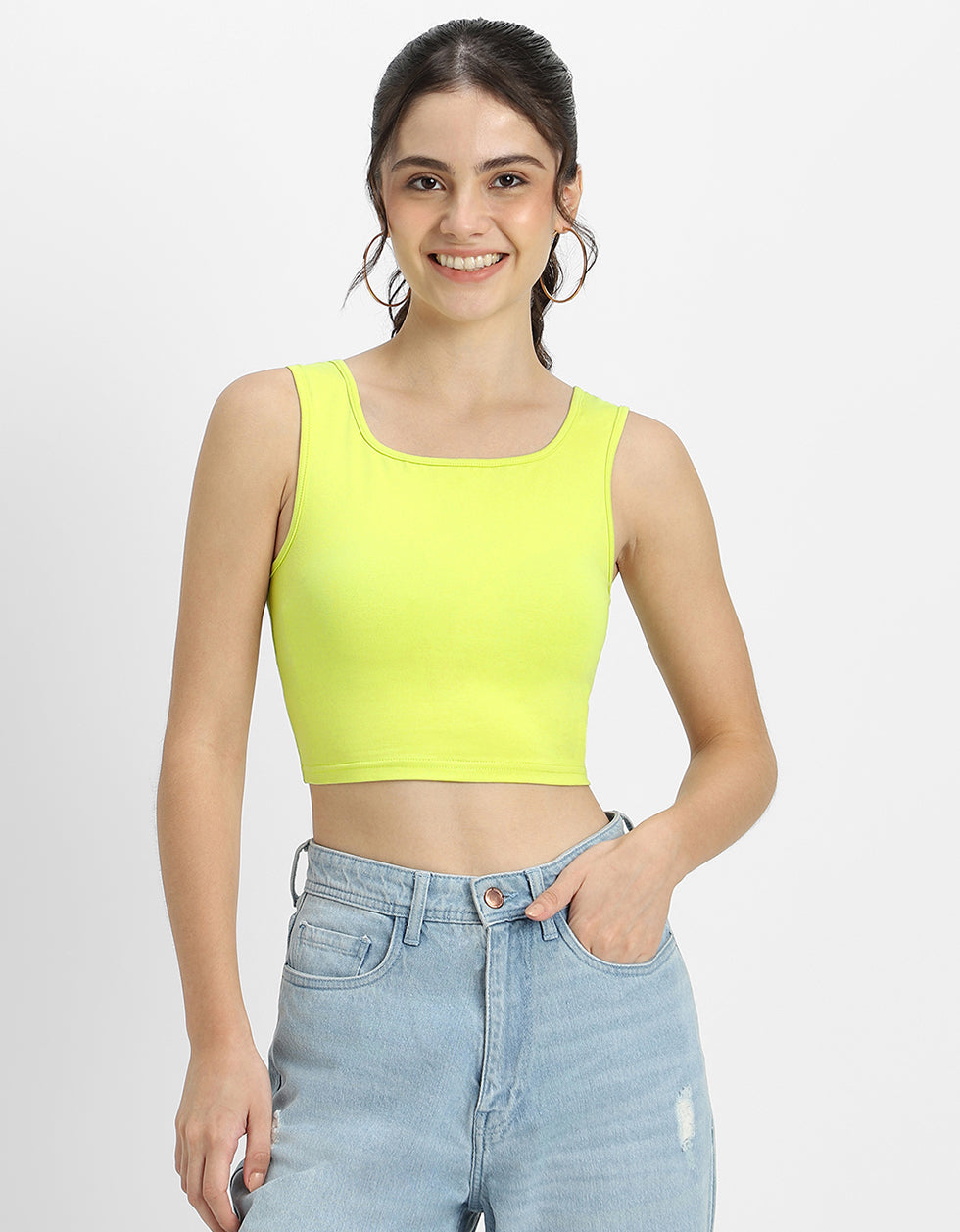Lime Green Plain Square Neck Cropped Tank Top