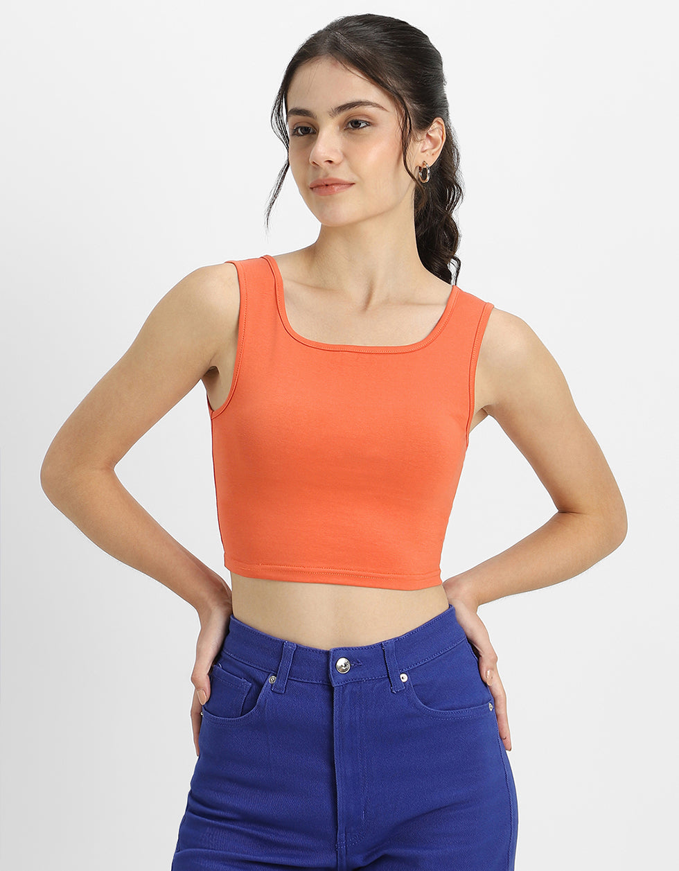 Orange Plain Square Neck Cropped Tank Top