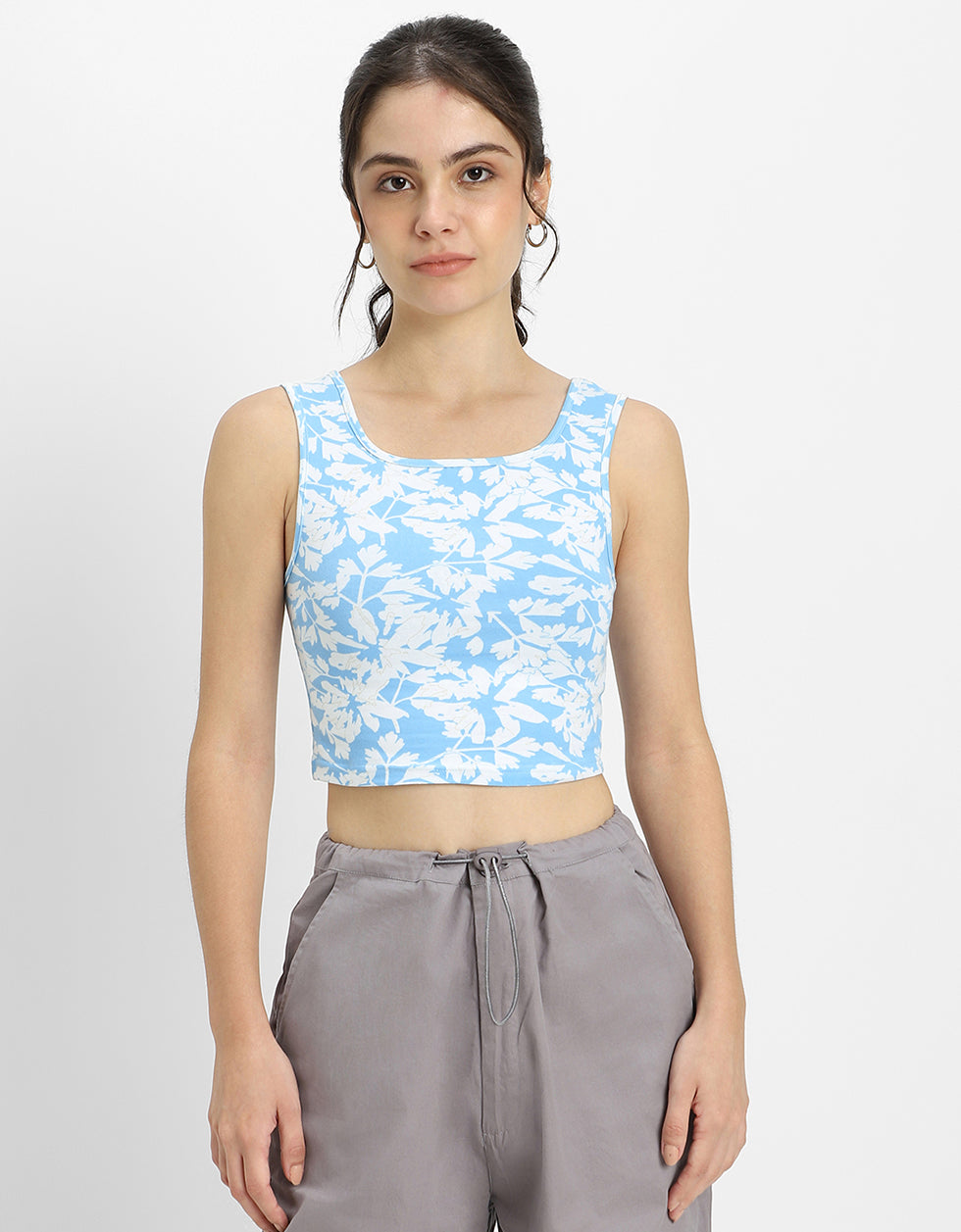Blue Floral Printed Square Neck Cropped Tank Top