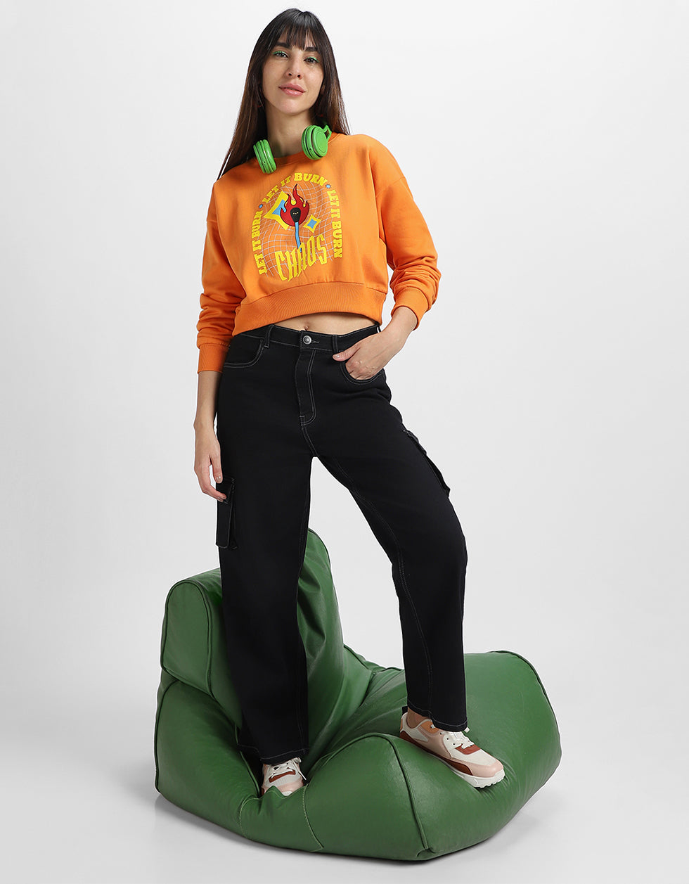 Chaos Graphic Printed Oversized Orange Sweatshirt