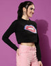 Lips Black Graphic Printed Crop-Top