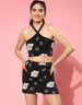 Black Floral Print Halter Neck Crop Top and Skirt Set
