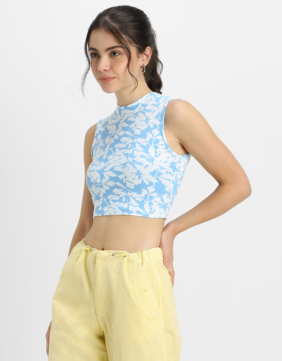 Blue Radiance Floral Printed High Neck Cropped Tank Top