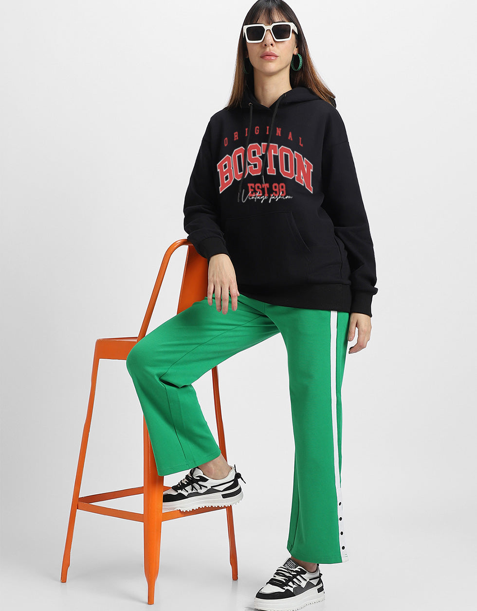 Boston Black Regular Fit Front Printed Hoodie