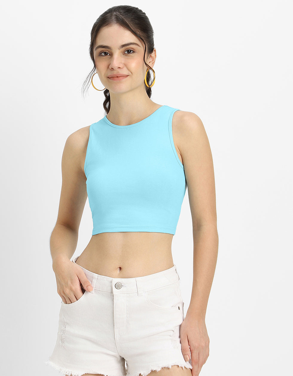 Ice Blue Plain Round Neck Cropped Tank Top