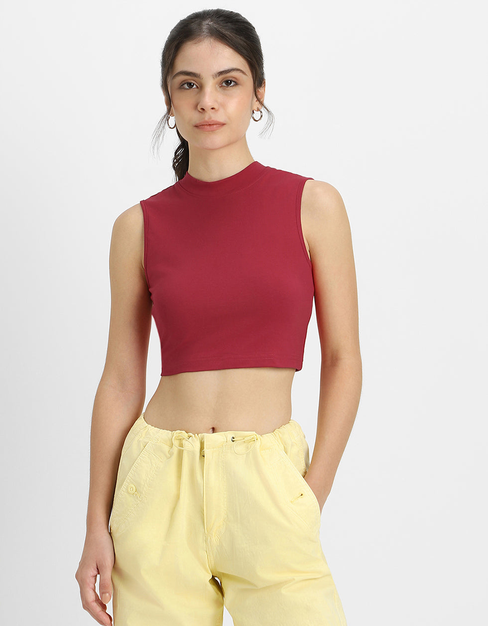 Viva Magenta Plain High Neck Cropped Tank Top