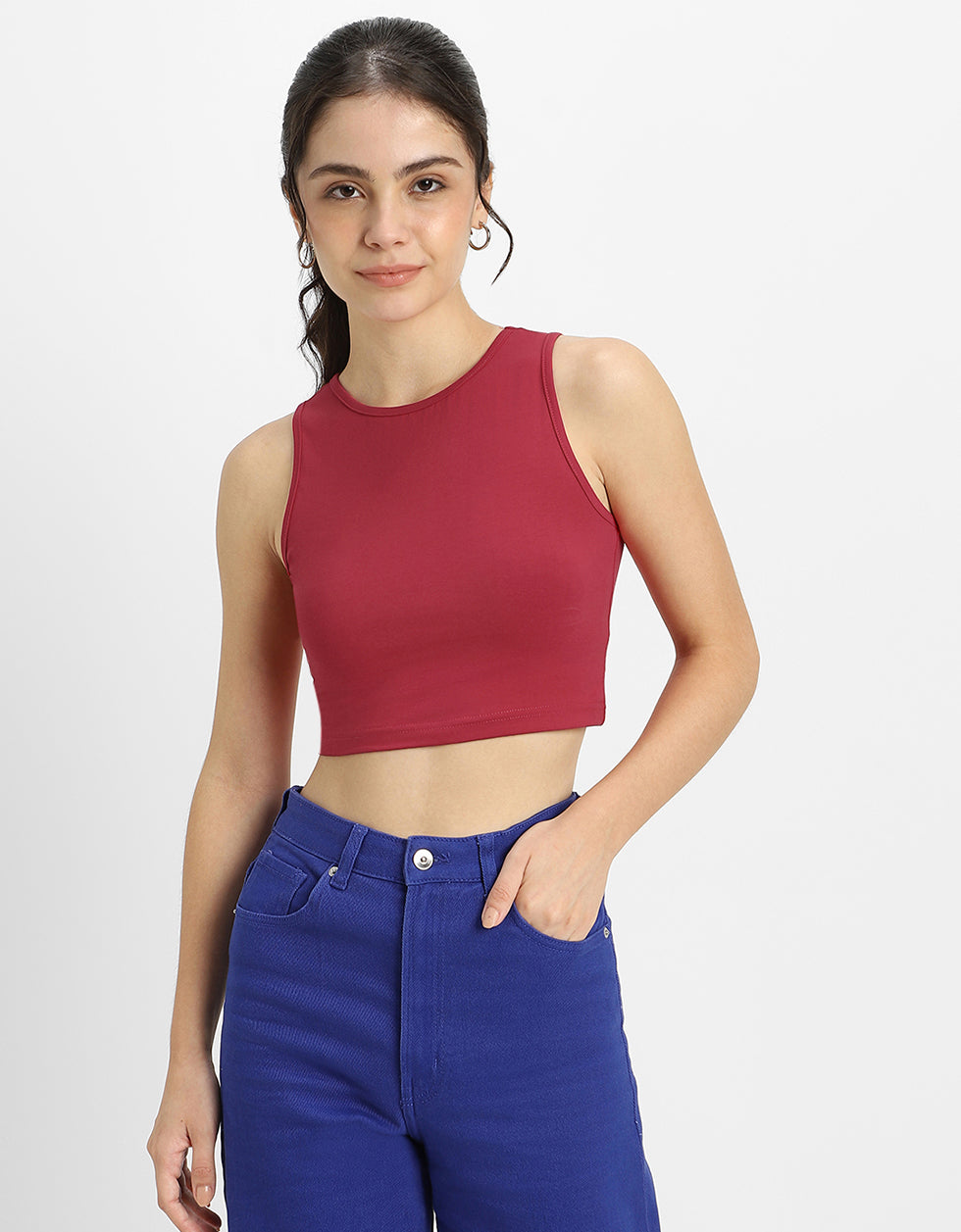 Viva Magenta Plain Round Neck Cropped Tank Top