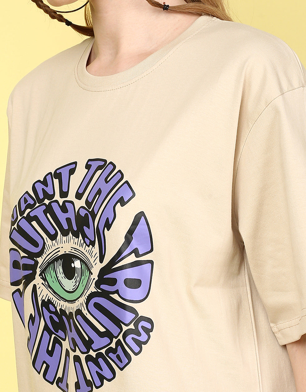 Want The Truth Beige Oversized Fit Graphic T-Shirt