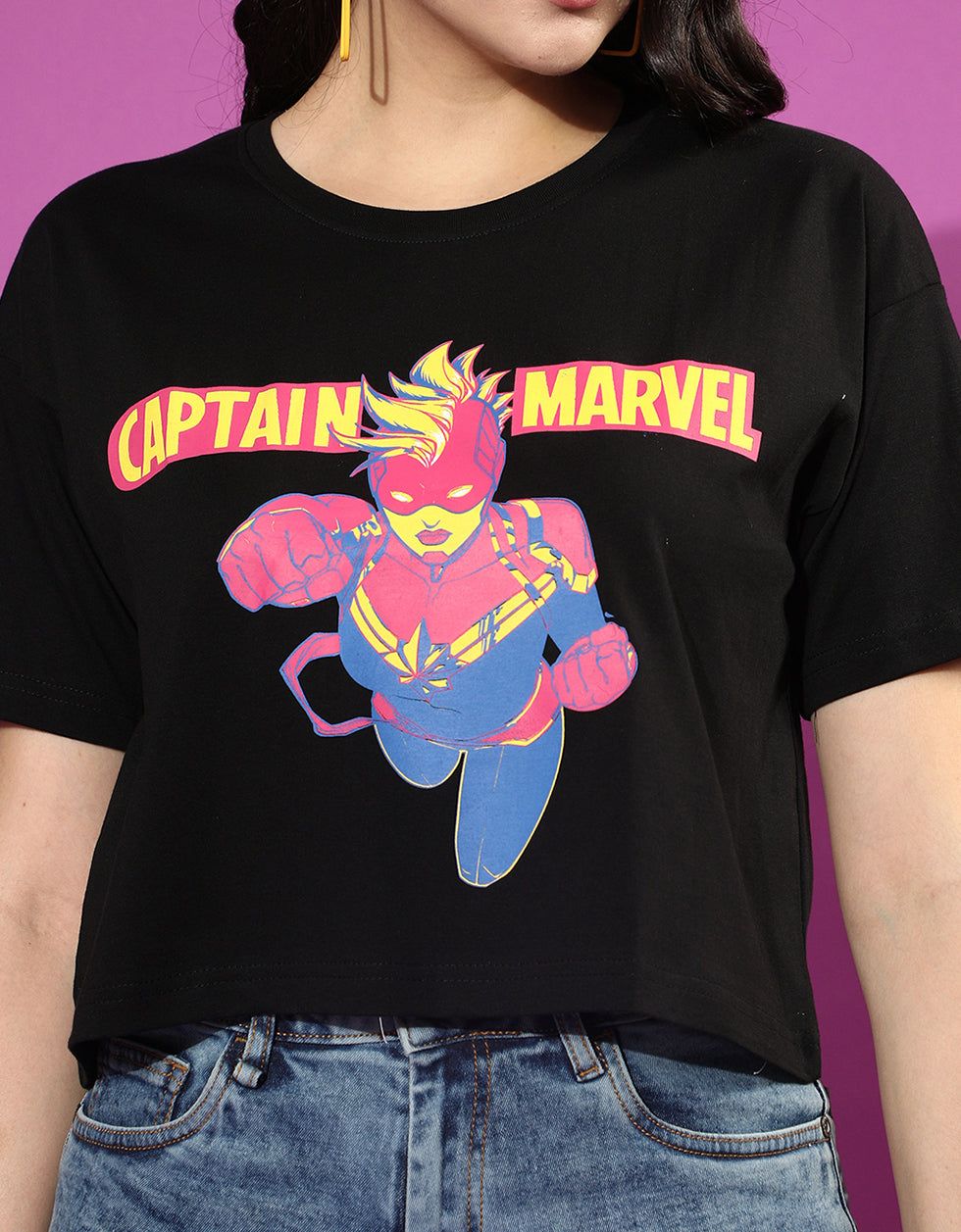 Captain Marvel Black Graphic Print  Crop Top