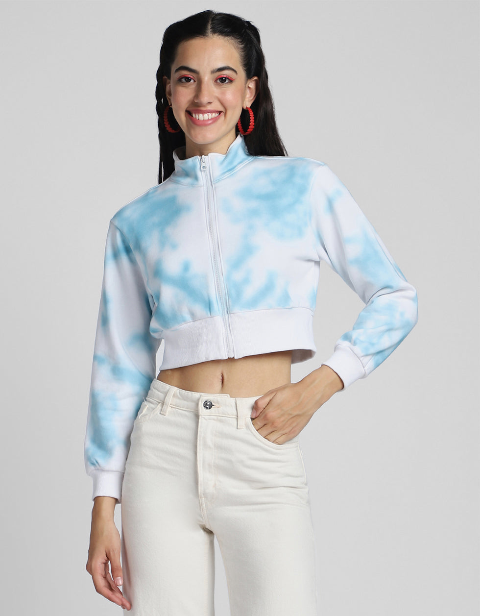 Babe Printed Tie-Dye Regular Fit White Zipper Crop Jacket