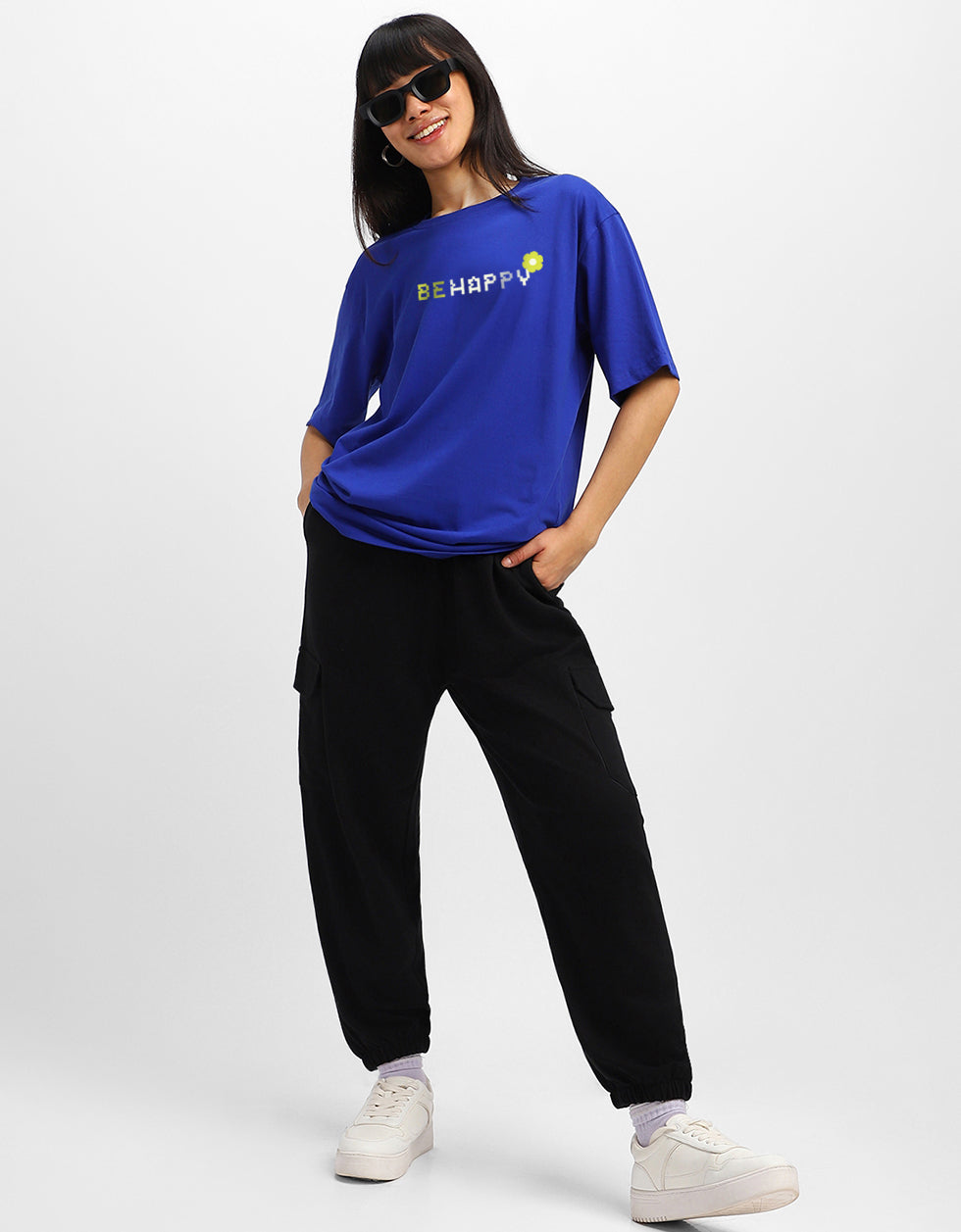 Be Happy Royal Blue Oversized Fit Graphic T-Shirt