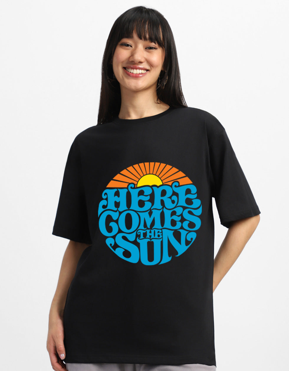Here Comes The Sun Typographic Printed Oversized Fit Black T-Shirt