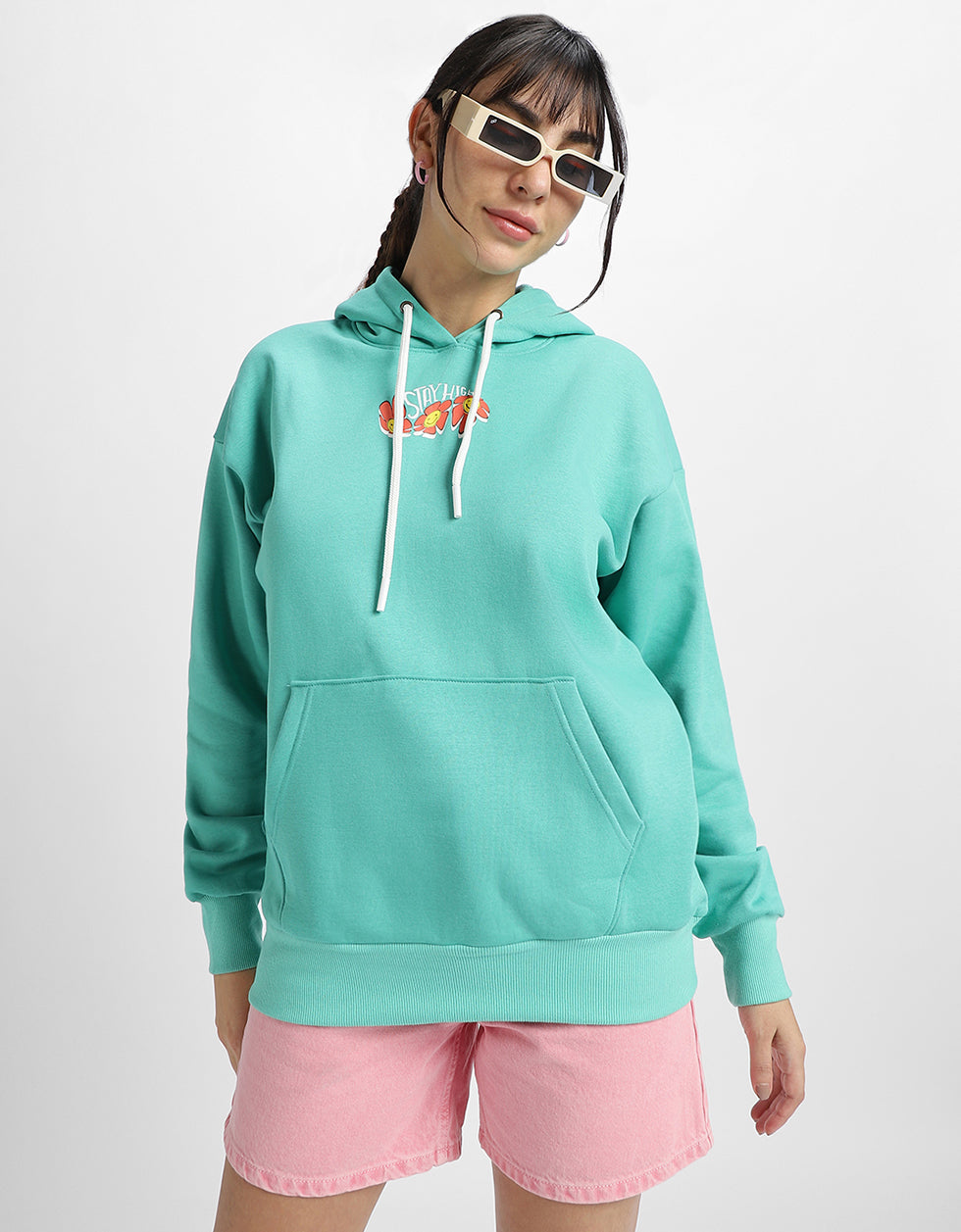 Stay High Graphic Printed Green Oversized Hoodie
