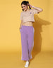 Beige Placement Printed V-Neck Crop Top With Trouser Co-Ords Set