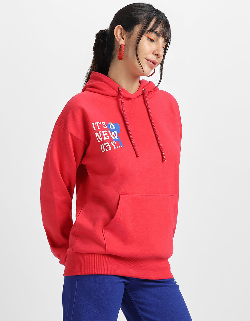 It's A New Day Printed Magenta Oversized Hoodie