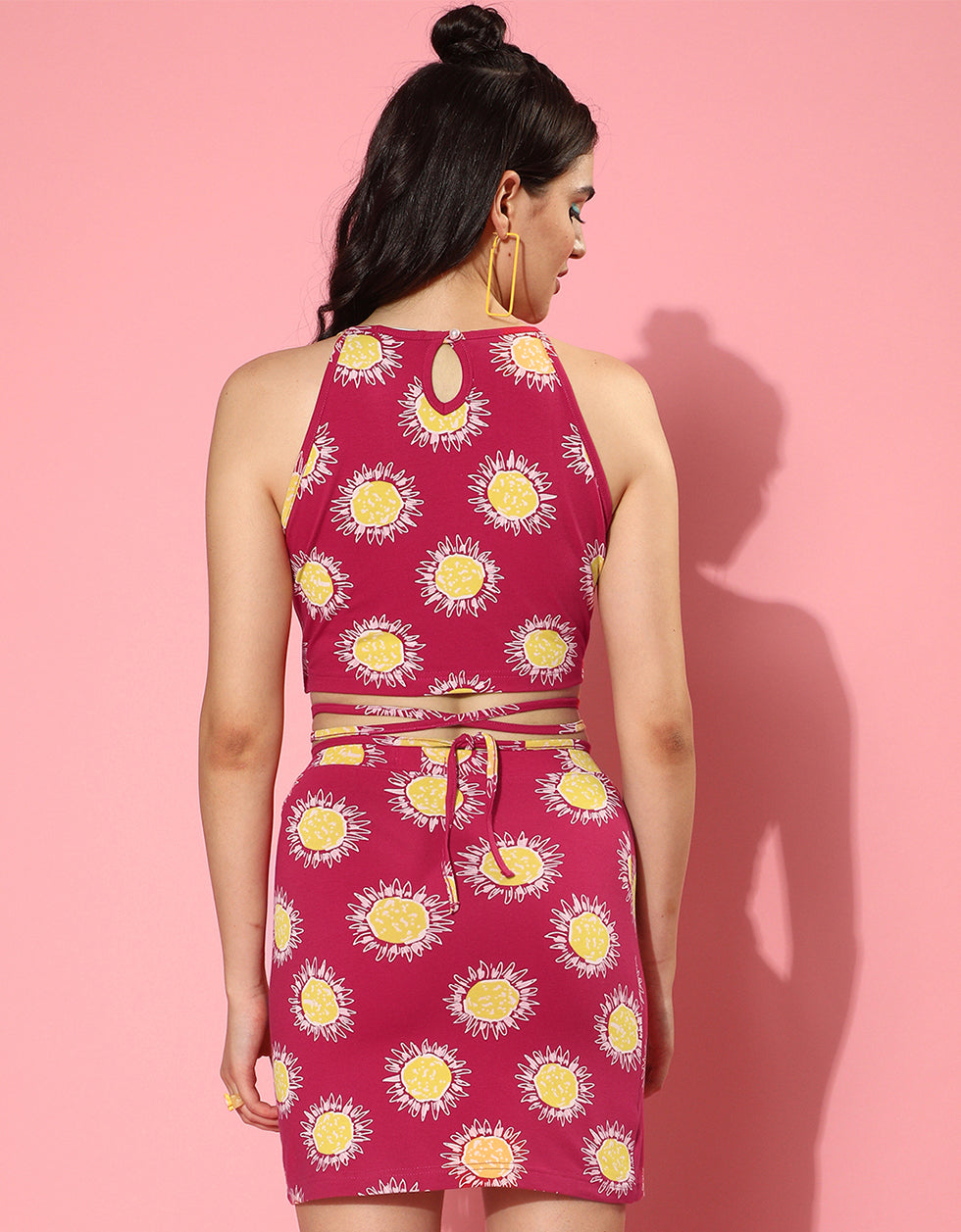 All Over Floral Printed Round Neck Slim Fit Crop Top With Skirt Co-Ords Set