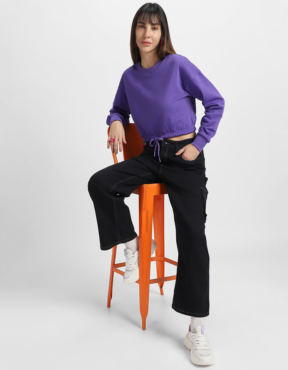 Plain Purple Oversized Cropped Sweatshirt