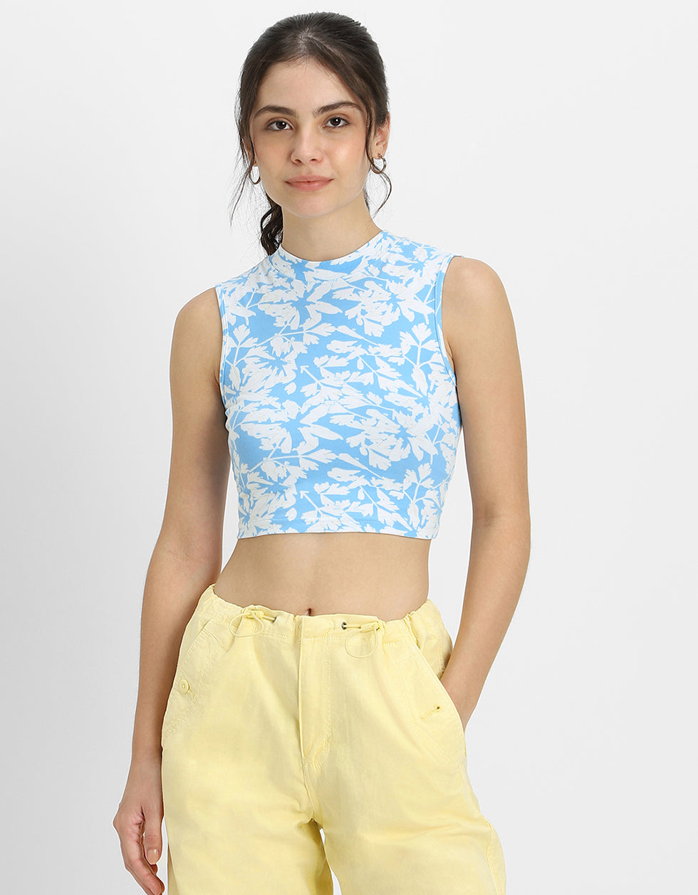 Blue Radiance Floral Printed High Neck Cropped Tank Top