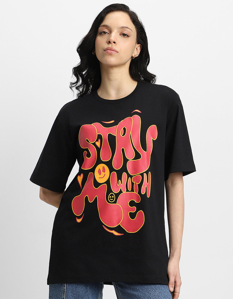 Stay With Me Black Oversized Typographic T-Shirt