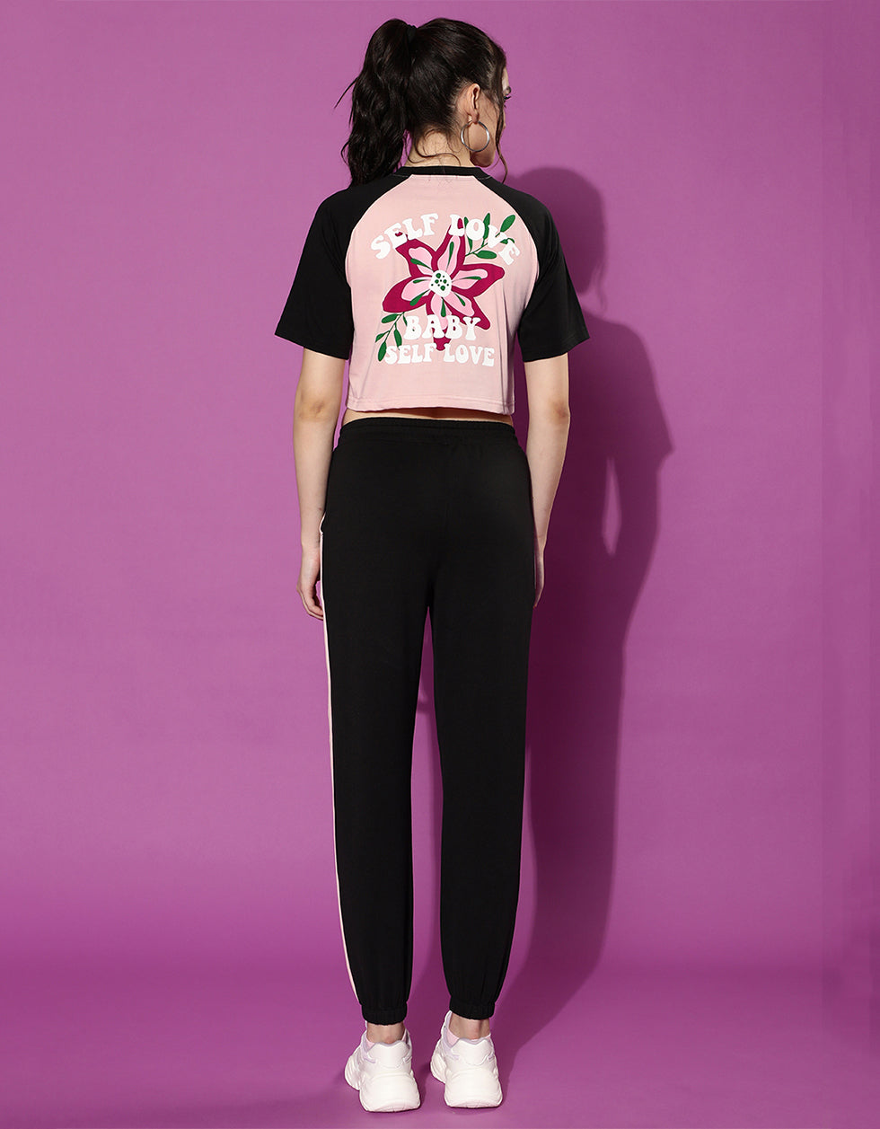 Pink and Black Back Printed V-Neck Crop Top With Trouser Co-Ords Set