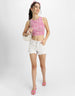 Pink Printed Round Neck Neck Cropped Tank Top