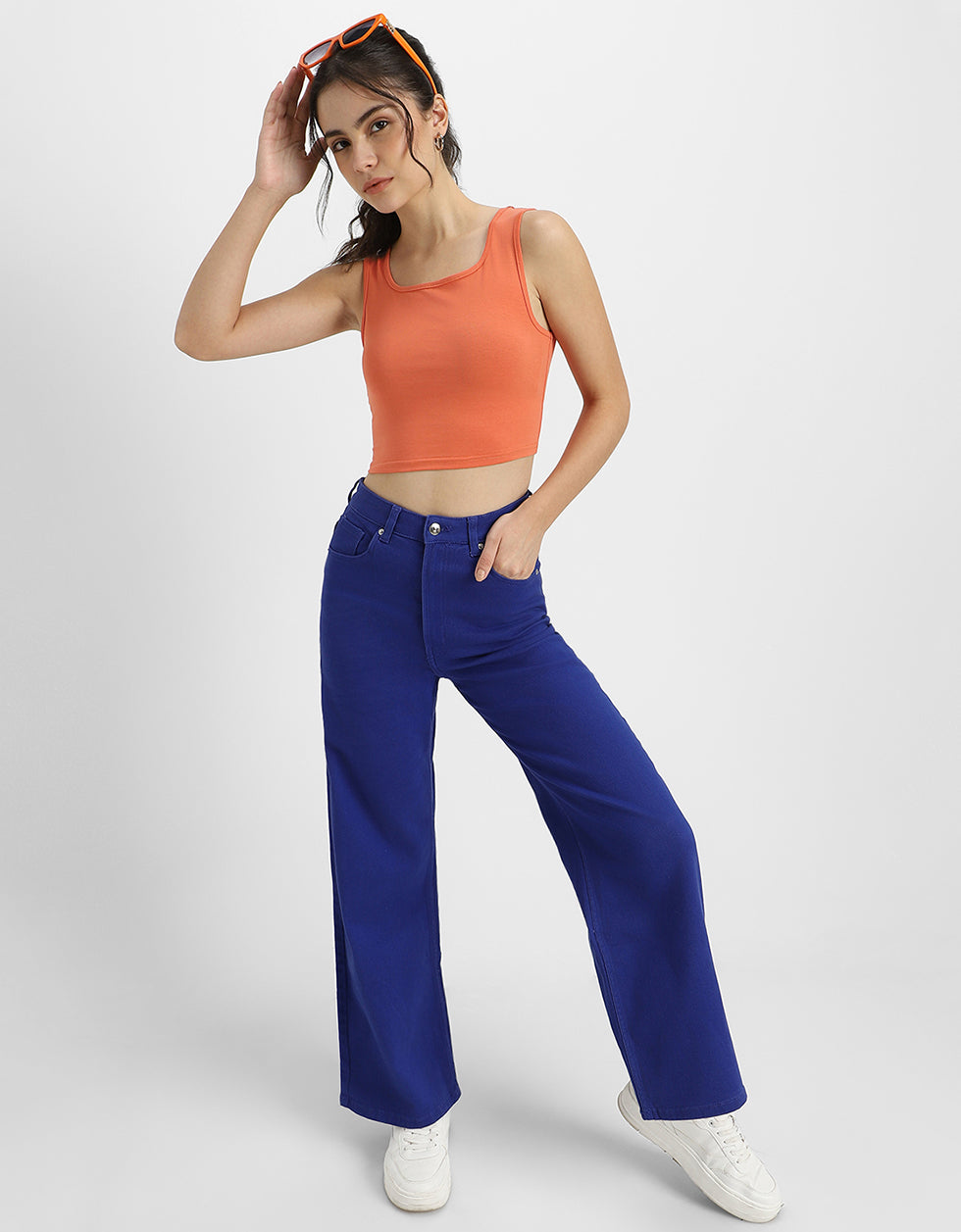 Orange Plain Square Neck Cropped Tank Top
