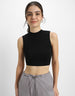 Black Solid High Neck Cropped Tank Top