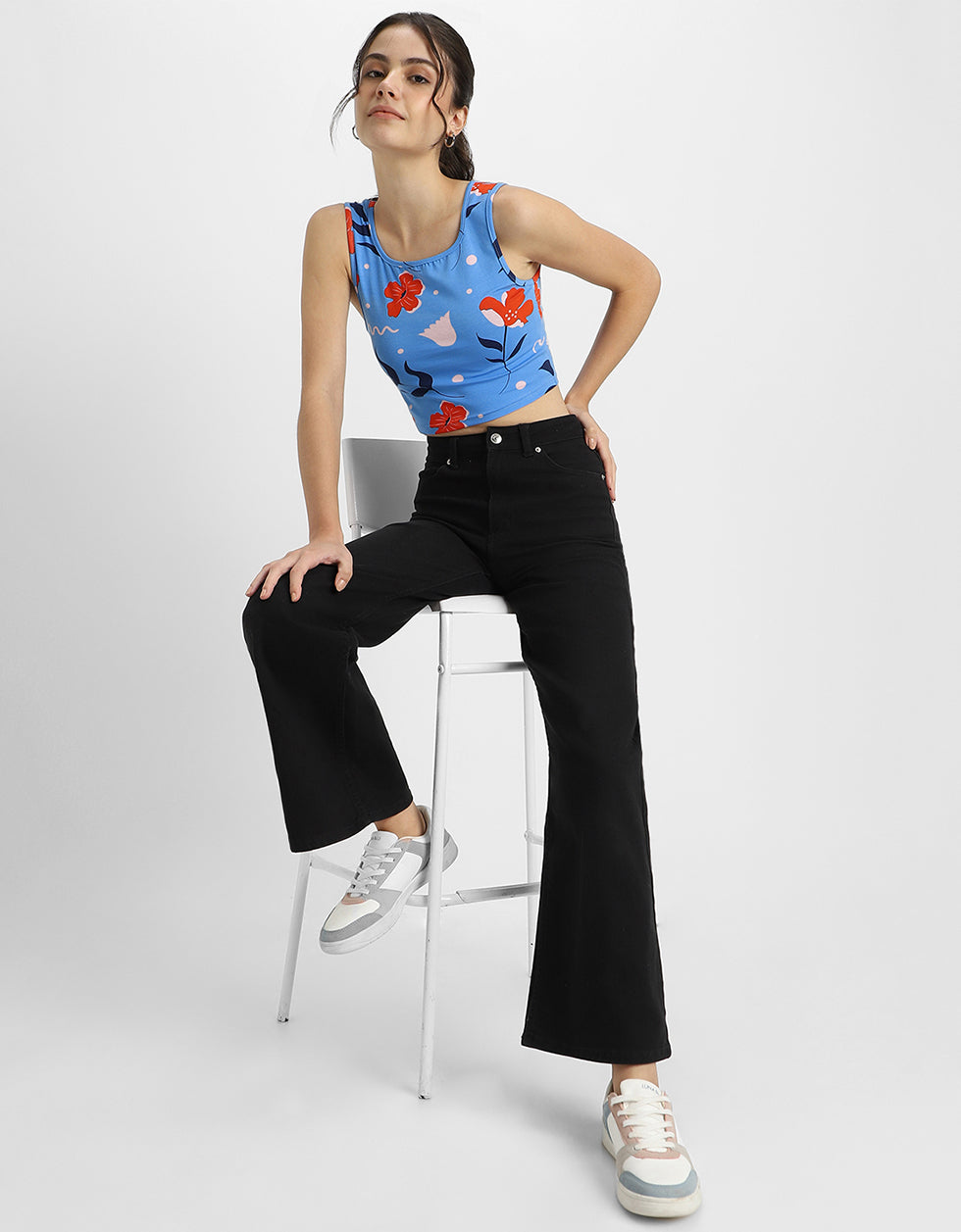 Blue Floral Printed Square Neck Cropped Tank Top