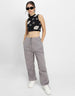 White Floral Printed Black High Neck Cropped Tank Top