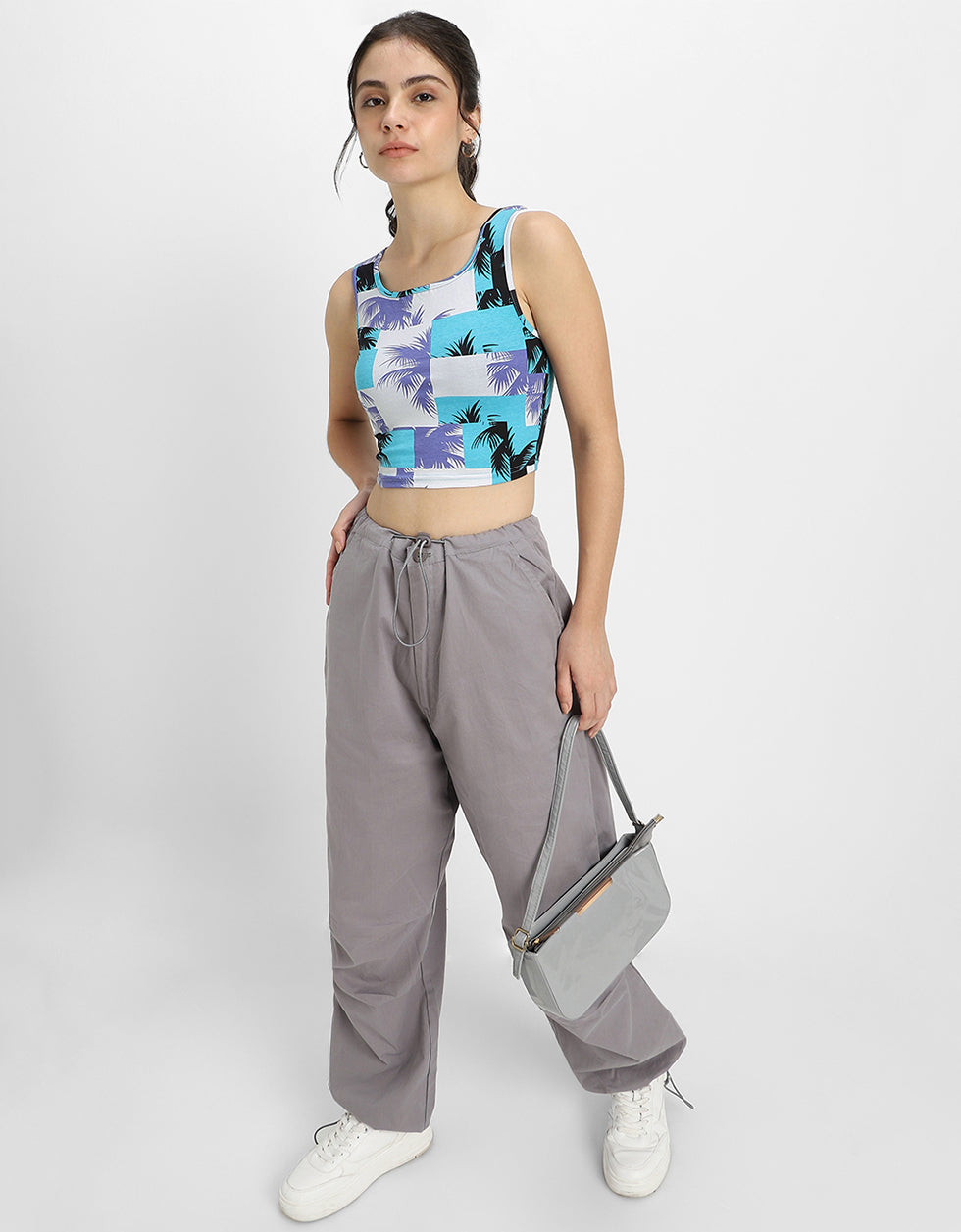 White & Blue Printed Square Neck Cropped Tank Top