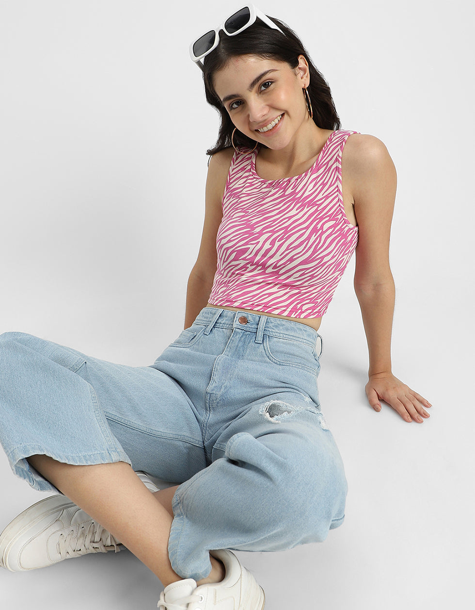Pink Printed Square Neck Cropped Tank Top