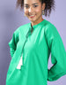 Fog Green Ribbed Full Sleeve Tie-up V Neck Solid T-shirt Dress