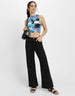 White & Blue Printed High Neck Cropped Tank Top