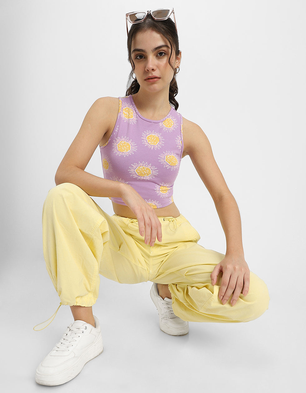 Lilac Printed Round Neck Cropped Tank Top