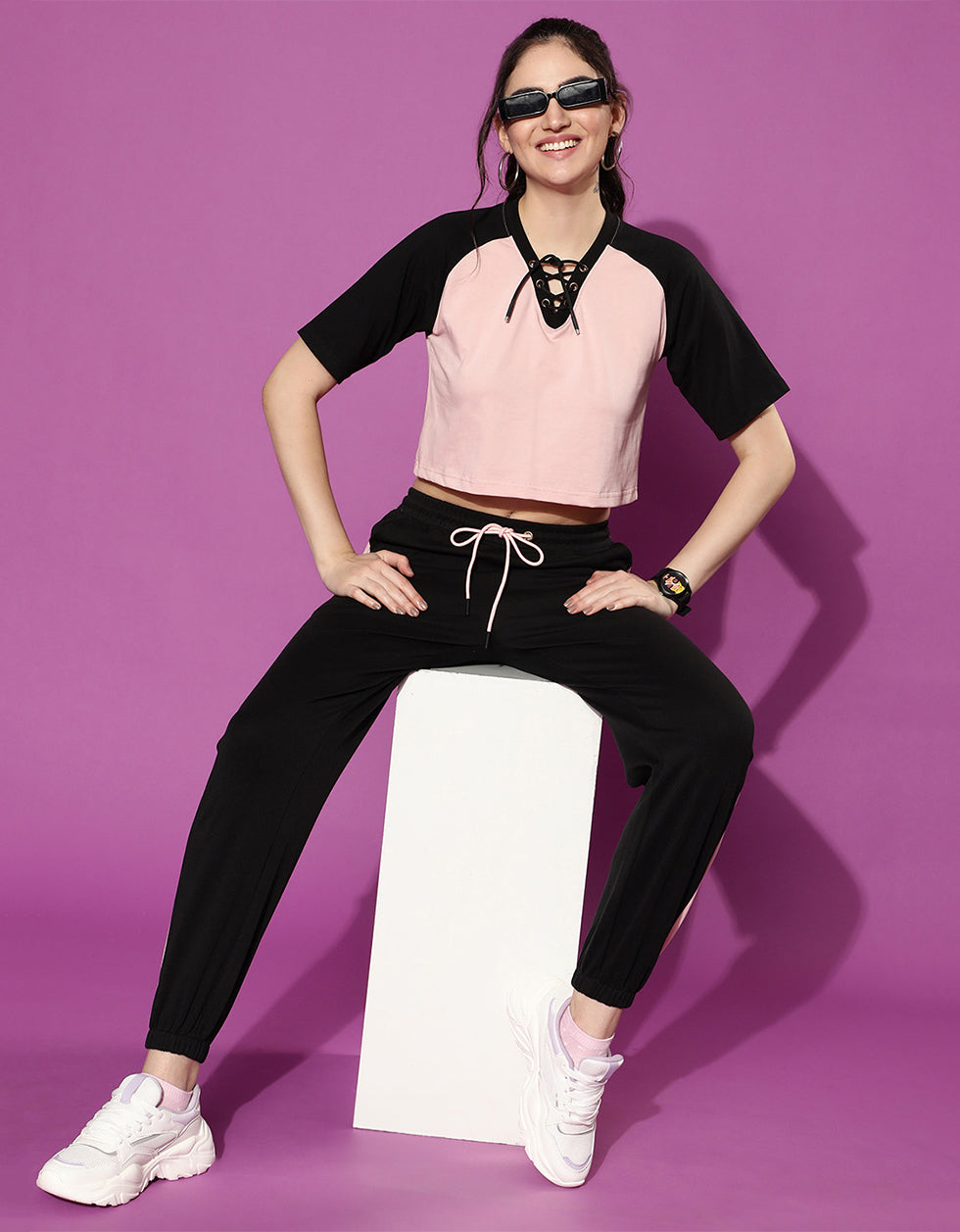 Pink and Black Back Printed V-Neck Crop Top With Trouser Co-Ords Set