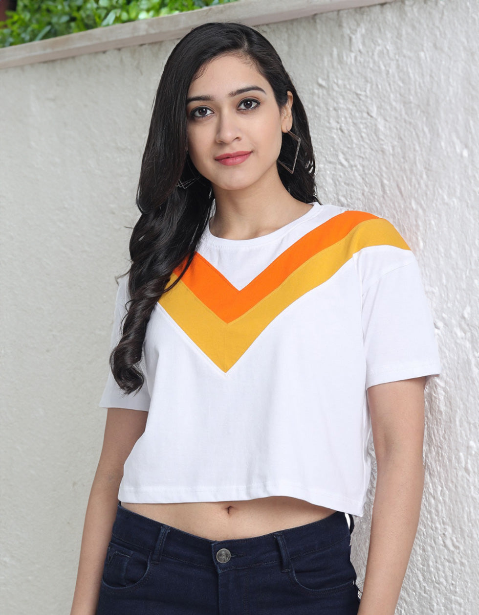 White Orange Yellow Graphic Printed Crop-Top